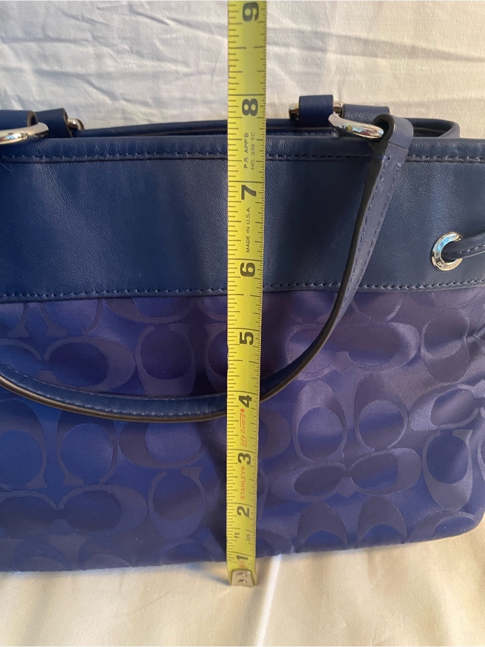 Coach Blue Signature Shoulder Purse / Hand Bag with Leather Trim - Picture 12 of 15